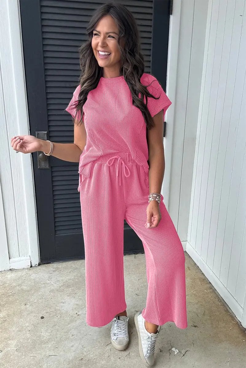 Bright Pink Solid Corded Knit Short Sleeve T Shirt Set - Love Salve